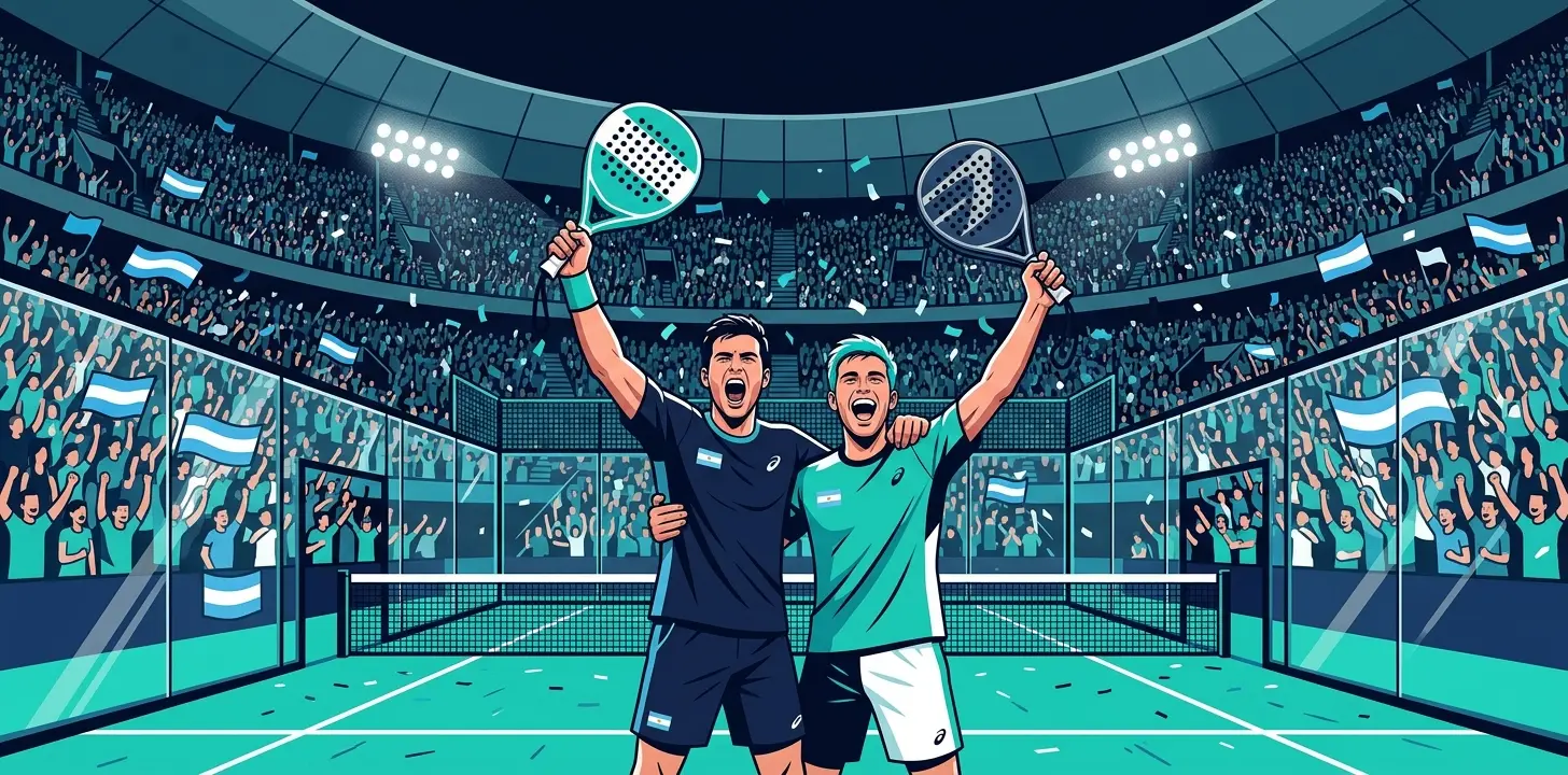 Stylized illustration of two padel champions celebrating in front of a packed Buenos Aires stadium with Argentine flag colors