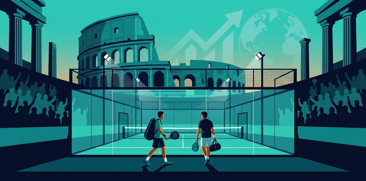 Stylized illustration of two padel players walking onto a glass court before the Roman Colosseum, with a rising growth arrow and globe in the sky