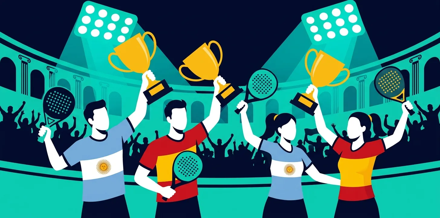 Ilustración estilizada de las dos parejas campeonas de pádel con camisetas de Argentina y España levantando trofeos ante una arena romana y un público entregado