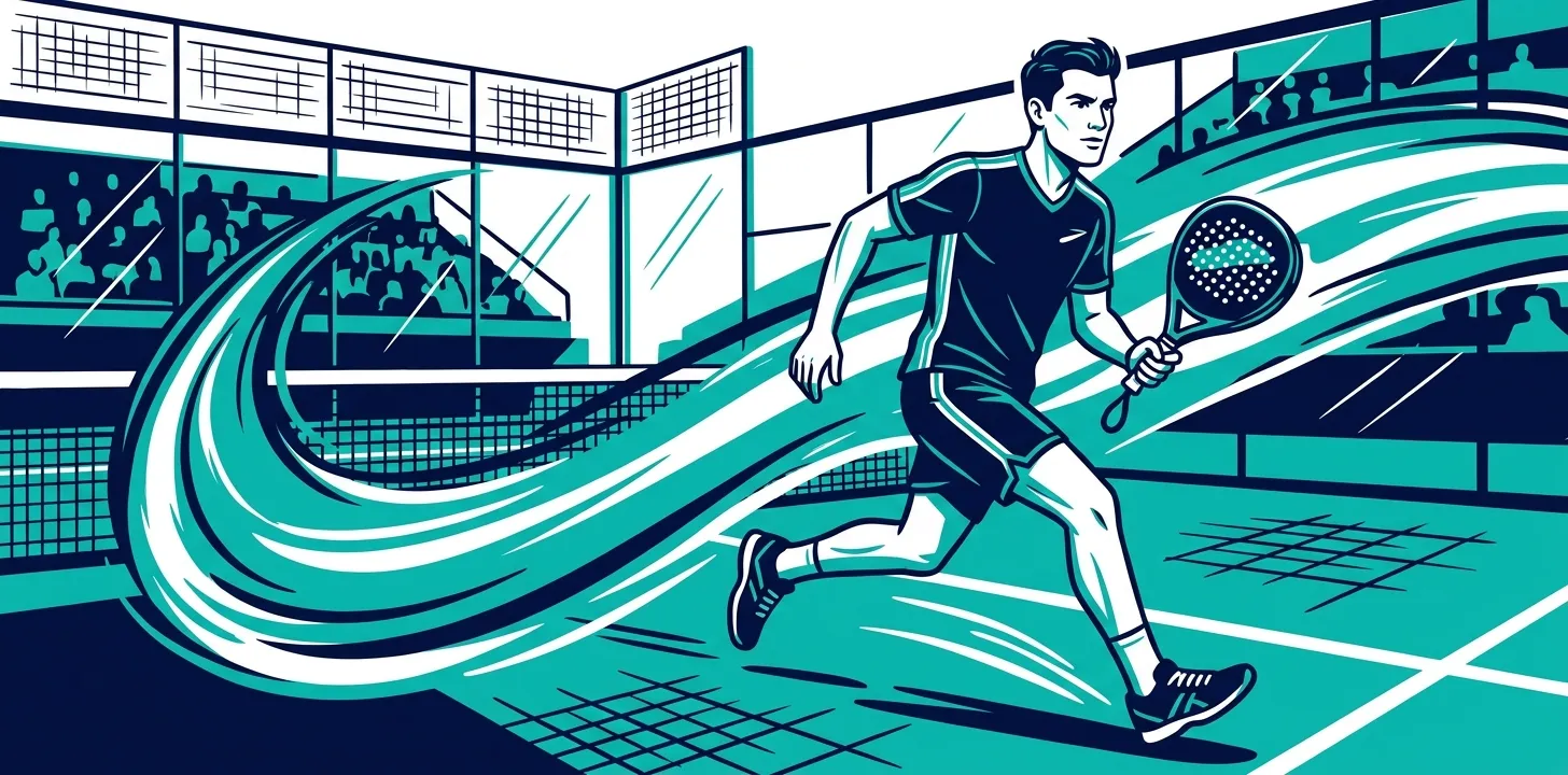 Ilustración estilizada de un jugador de pádel corriendo por una pista de cristal con una estela turquesa de energía a su espalda