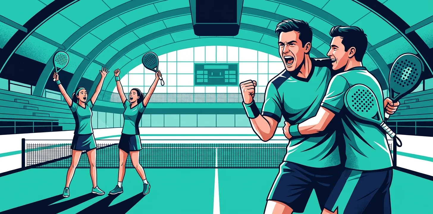 Ilustración estilizada de dos parejas de pádel celebrando en una pista cubierta con las palas en alto