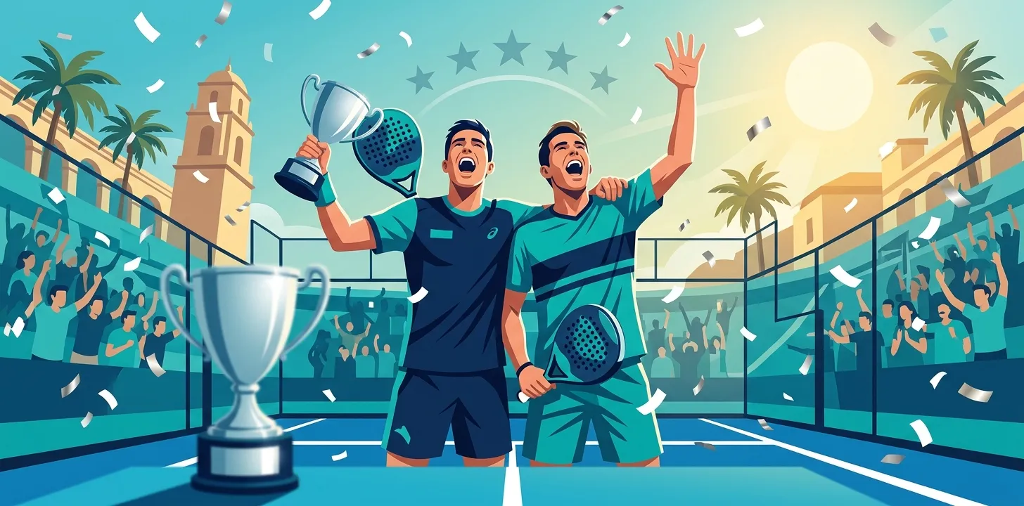 Ilustración estilizada de Coello y Tapia celebrando su quinto título consecutivo de Premier Padel en Málaga