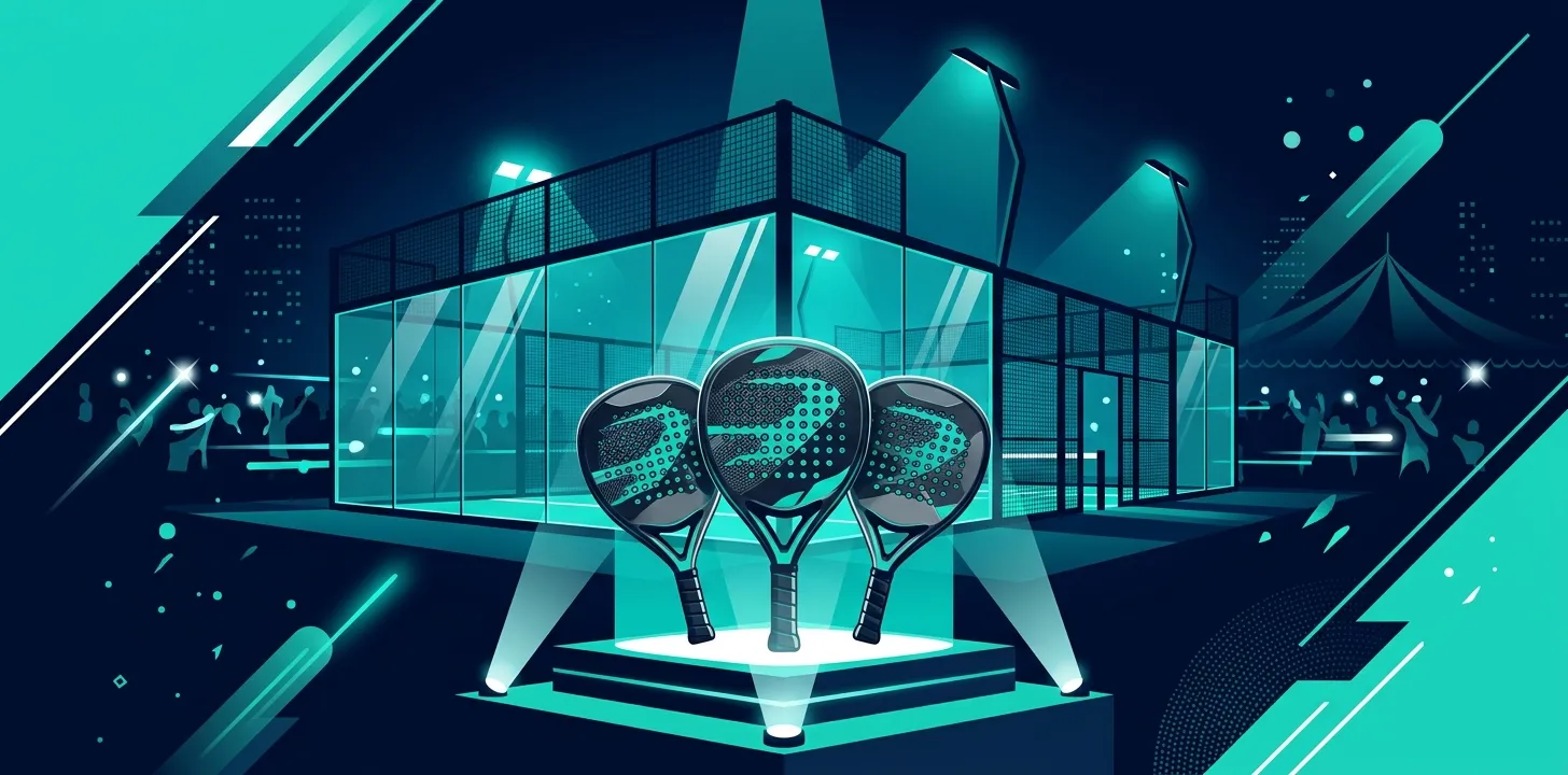 Ilustración estilizada de tres palas de pádel premium sobre un pedestal iluminado por focos en un evento nocturno de gala, con una pista de cristal al fondo
