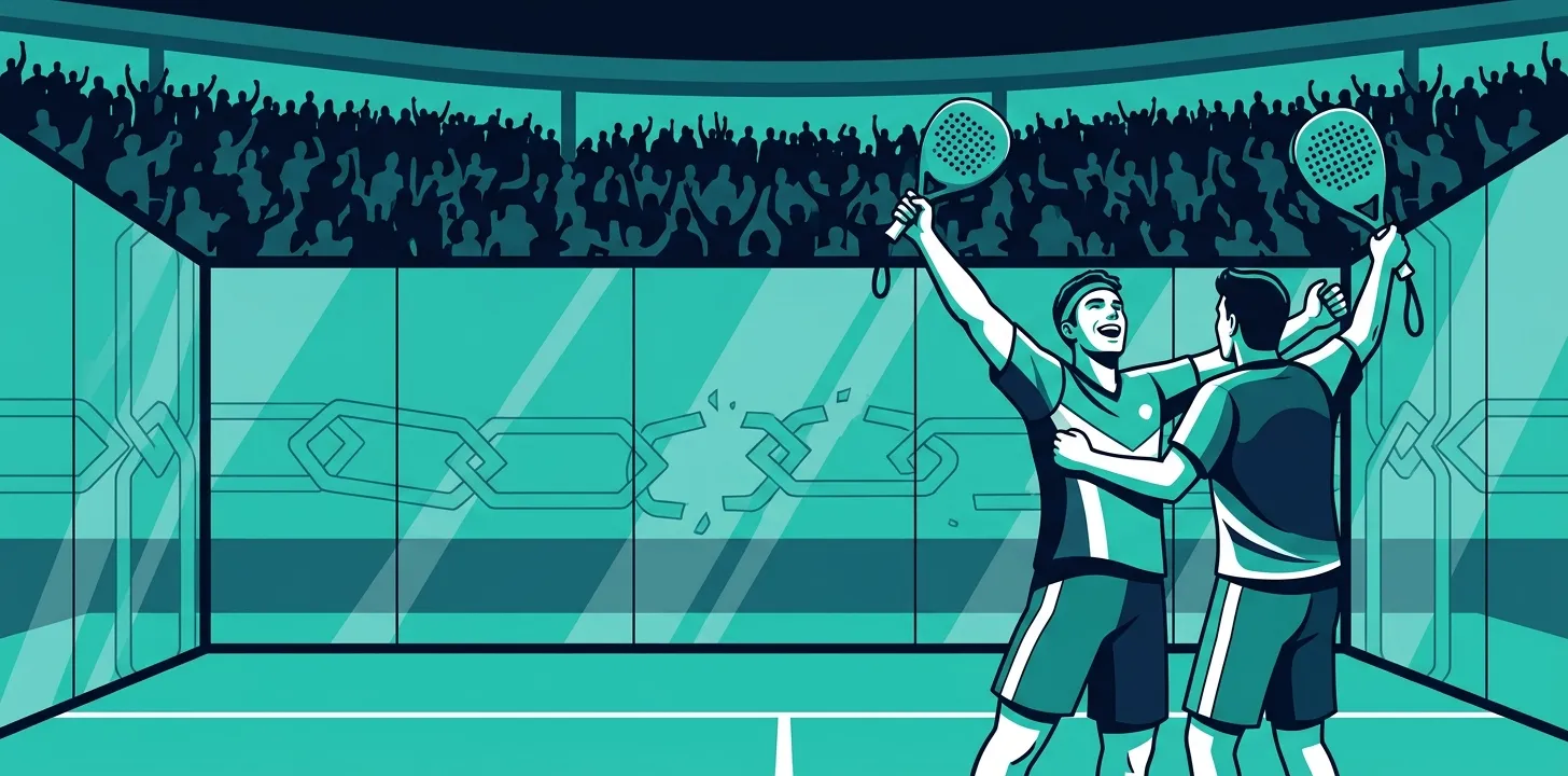 Stylized illustration of two padel players celebrating with arms raised inside a packed arena, a broken chain etched in the glass wall behind them