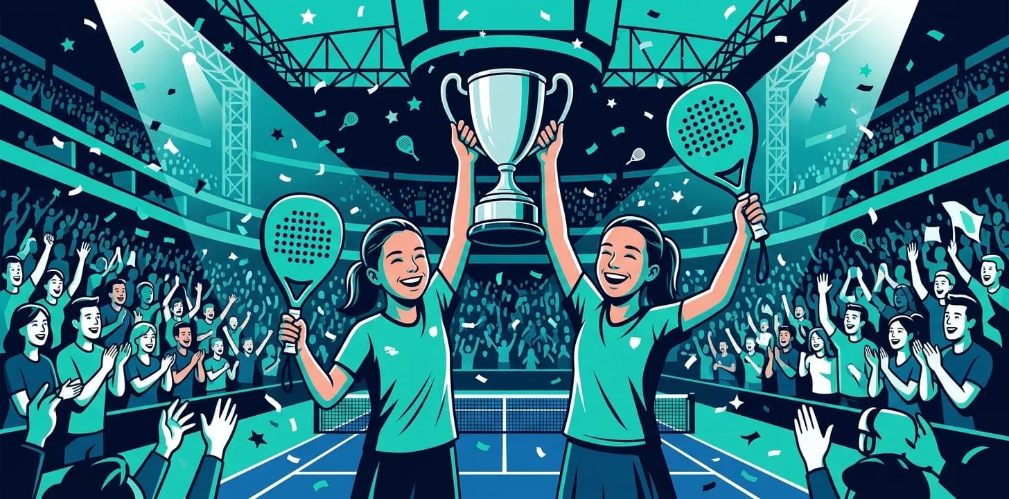 Stylized illustration of two young female padel players lifting a trophy together under confetti in a packed London arena