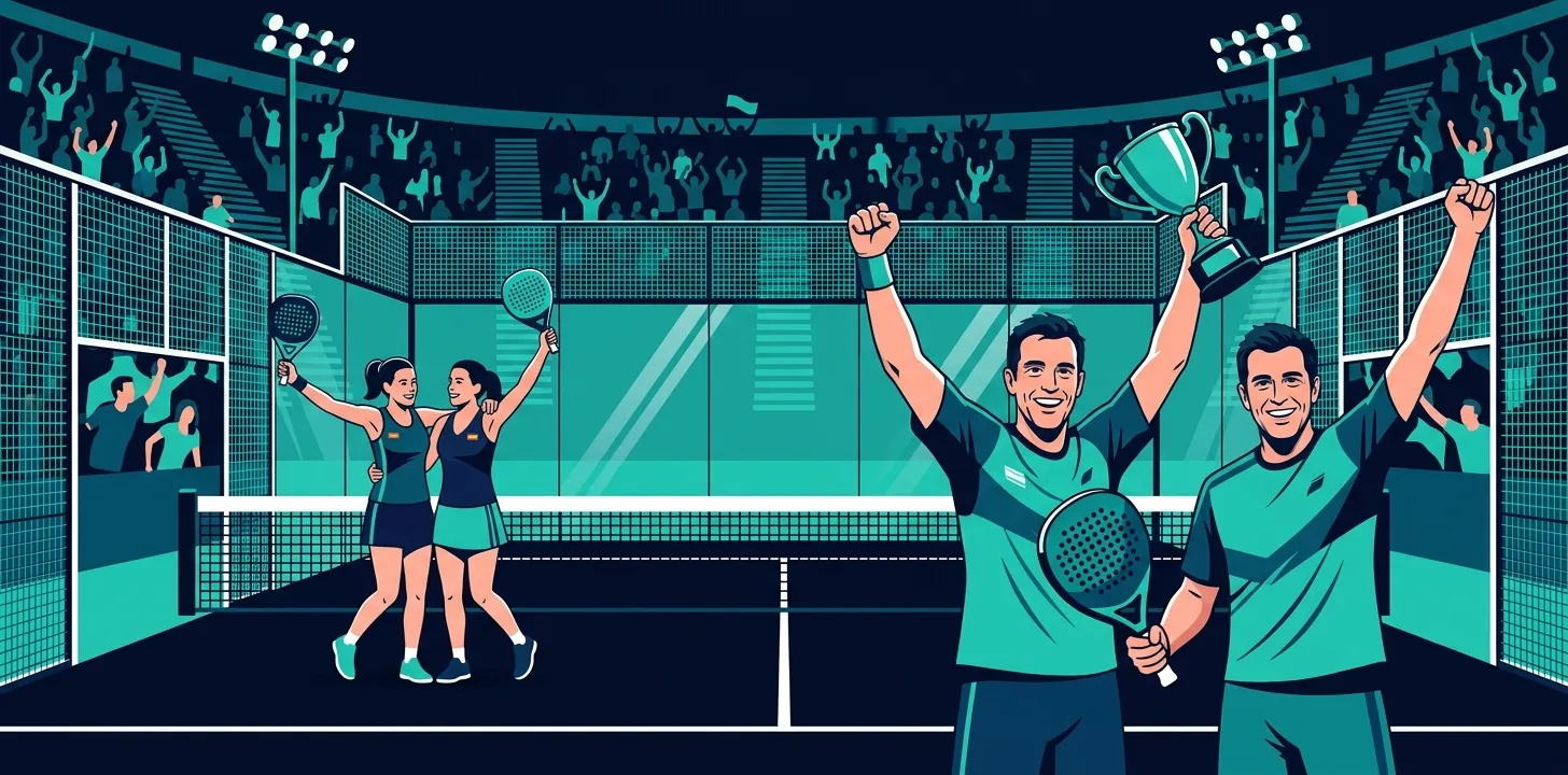 Stylized illustration of two doubles pairs celebrating a Senior World Cup title on a padel court in a packed arena