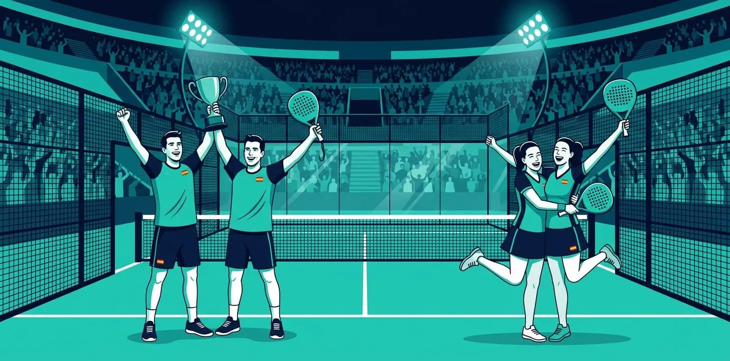 Ilustración estilizada de dos parejas españolas celebrando en una pista de pádel ante un público entregado